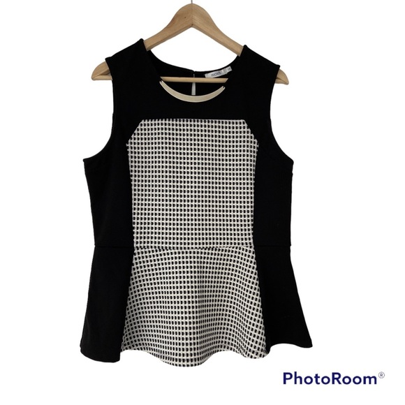RICKIS BLACK AND WHITE CHECK COLOUR BLOCKED SLEEVELESS PEPLUM TOP/BLOUSE, LARGE - Picture 1 of 8